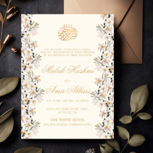 Invitation Mariage musulman islamique floral blanc et or