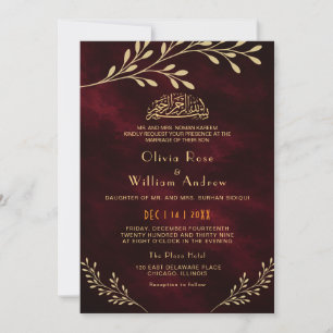 Invitation Mariage musulman islamique floral doré Bourgogne d