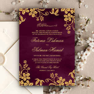 Invitation Mariage Musulman Islamique Floral Or Pourpre Prune