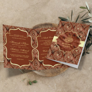 Invitation Mariage Musulman Islamique Orange Rouille Damassé 