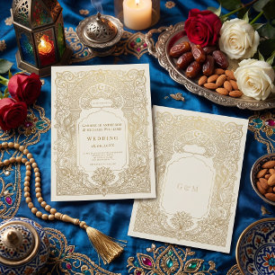 Invitation Mariage Musulman Luxueux en Or avec Motif Arabesqu