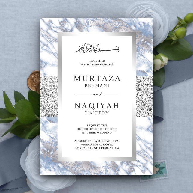 Invitation Mariage Musulman Marbre Bleu Doux Feuille d'Argent (Créateur téléchargé)