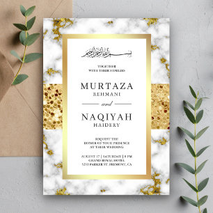 Invitation Mariage Musulman Marbre Gris Blanc Pailleté Or