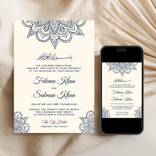 Invitation Mariage Musulman Mehndi Bleu Crème Henna Islamique