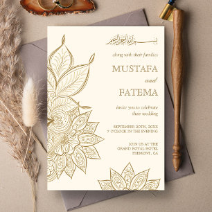 Invitation Mariage Musulman Mehndi Henna Crème et Or Vintage