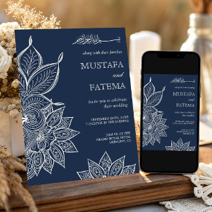 Invitation Mariage Musulman Mehndi Henna Crème Navy Vintage