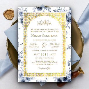 Invitation Mariage Musulman Motif Floral Bleu Poussiéreux Or