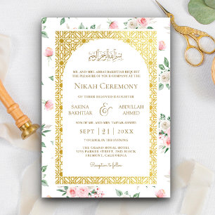 Invitation Mariage Musulman Motif Floral Rose Doré