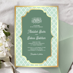 Invitation Mariage Musulman Motif Quatrefeuilles Vert Menthe 