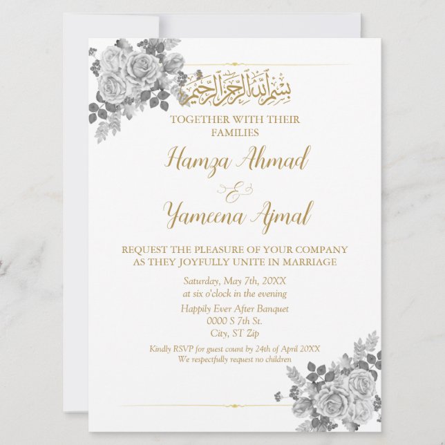 Invitation Mariage Musulman Musulman Neutre Et Gris Et Or (Devant)