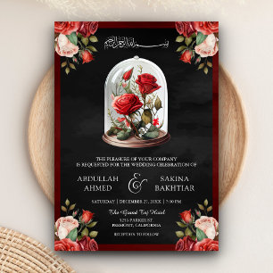 Invitation Mariage Musulman Noir Code QR Rose Rouge sous Dôme