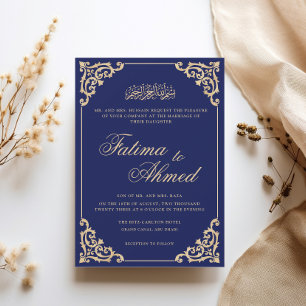 Invitation Mariage Musulman Orné de Baroque Doré et de Bleu R