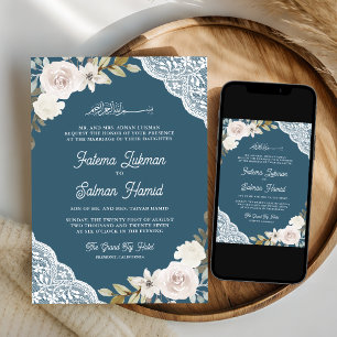 Invitation Mariage Musulman Roses Blanches Bleu Poussiéreux e