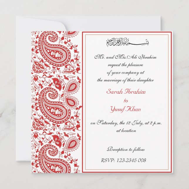 Invitation Mariage musulman rouge et blanc (Devant)