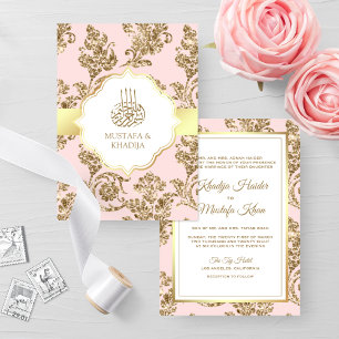 Invitation Mariage Musulman Rustique Rose Pâle Or Filigrane