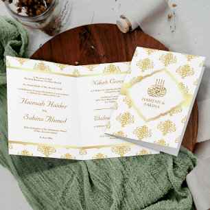Invitation Mariage Musulman sur Fond Damassé Blanc et Or