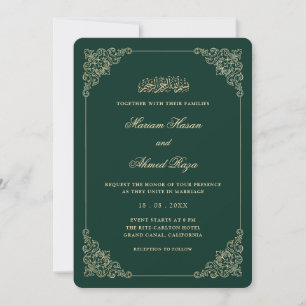 Invitation Mariage musulman victorien orné d'or et de vert ém