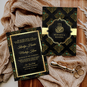 Invitation Mariage Musulman Vintage Rustique Noir Or Damassé