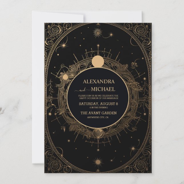 Invitation Mariage mystique de Tarot Noir et Or (Devant)