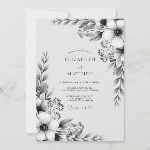 Invitation Mariage Naturel Floral Noir et Blanc