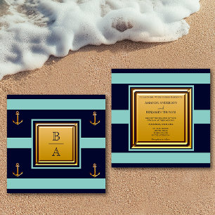 Invitation Mariage Naudtique Bleu Nuit Turquoise Rayures Ancr