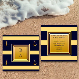 Invitation Mariage Naution Bleu Jaune Rayures Ancre