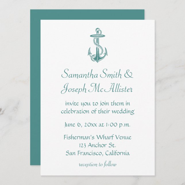 Invitation Mariage Nautique Ancre Vintage turquoise (Devant / Derrière)