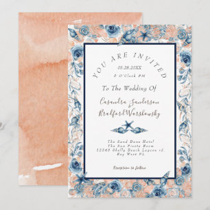 Invitation Mariage nautique Beach Coquille de mer Fleurs Rose