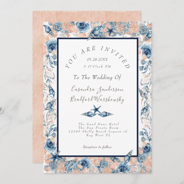 Invitation Mariage nautique  Beach Sea Shell Flowers Rose LT (Devant / Derrière)