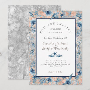 Invitation Mariage nautique  Beach Seashell Fleurs Rose Gris