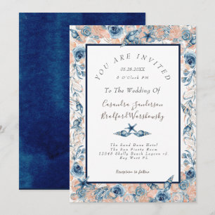 Invitation Mariage nautique  Beach Seashell Fleurs Roses