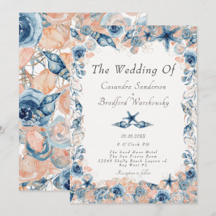Invitation Mariage nautique  Beach Seashell Fleurs Roses
