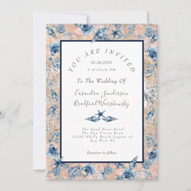 Invitation Mariage nautique  Beach Seashell Fleurs Roses mer (Devant)