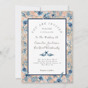 Invitation Mariage nautique Beach Seashell Fleurs Roses mer