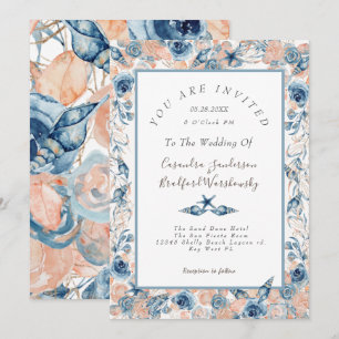 Invitation Mariage nautique Beach Seashell Fleurs Roses mer