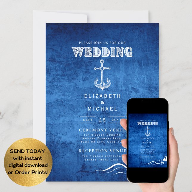 Invitation Mariage nautique Bleu blanc Ancre numérique (Créateur téléchargé)