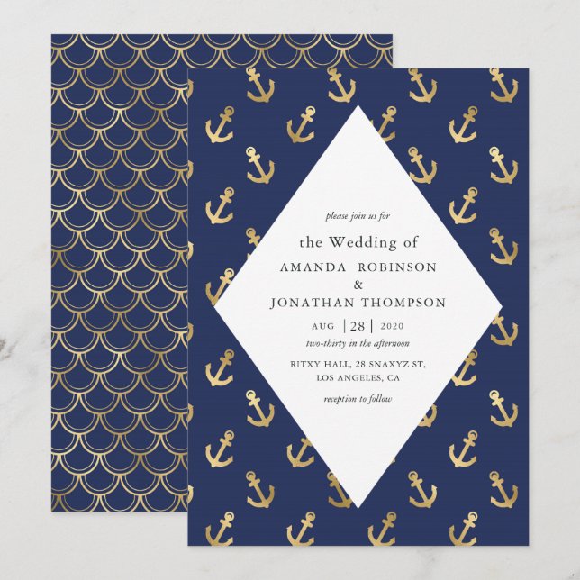 Invitation Mariage nautique bleu et or (Devant / Derrière)