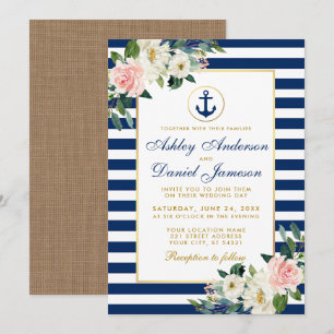 Invitation Mariage nautique Bleu rayures Floral Burlap