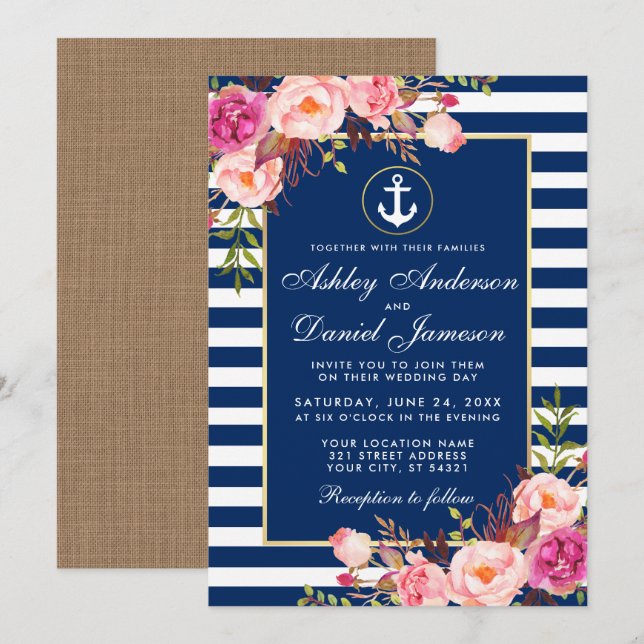 Invitation Mariage nautique Bleu rayures Floral rose Invitati (Devant / Derrière)