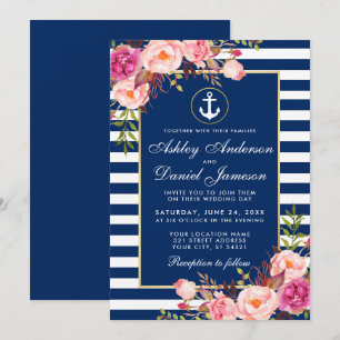 Invitation Mariage nautique Bleu rayures rose Floral Invitati
