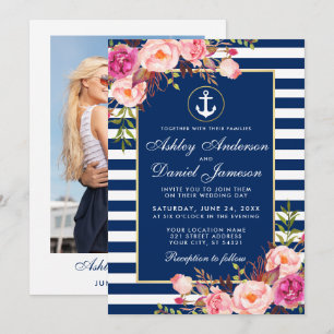 Invitation Mariage nautique Bleu rayures rose florale photo
