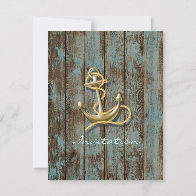 Invitation mariage nautique bois quai bleu plage ancre (Devant)