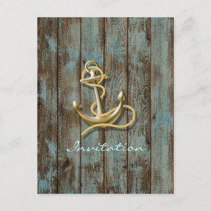 Invitation mariage nautique bois quai bleu plage ancre