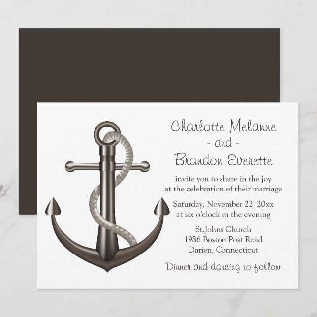 Invitation Mariage nautique Brown Navire Ancre Beach Sailor (Devant / Derrière)