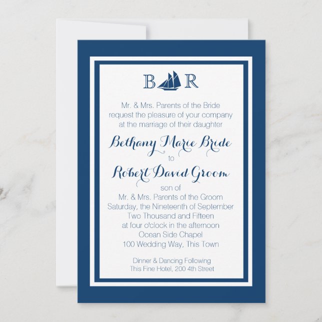 Invitation Mariage nautique de monogramme de voilier (Devant)