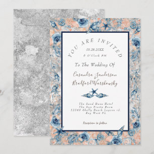 Invitation Mariage nautique Plage Sea Shell Flowers Rose Gy