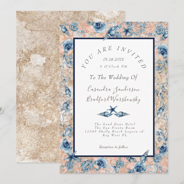 Invitation Mariage nautique Plage Sea Shell Flowers Rose LT I (Devant / Derrière)