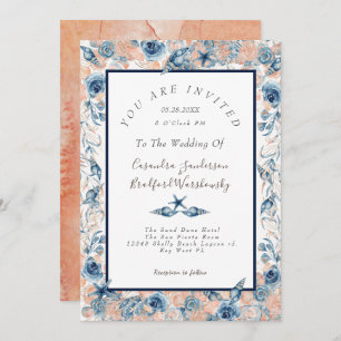 Invitation Mariage nautique Plage Sea Shell Flowers Rose Pc