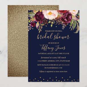 Invitation Mariage naval or burgundy Fleurs Confettis