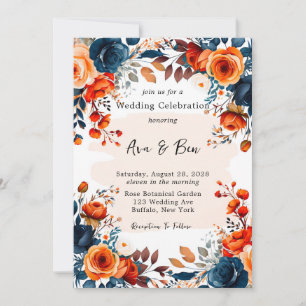 Invitation Mariage Navy Blue and Orange Peony